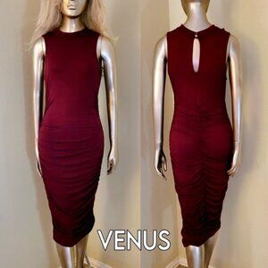 NEW VENUS Chic Ruched Side & Back Bodycon Midi Dress Sz Medium